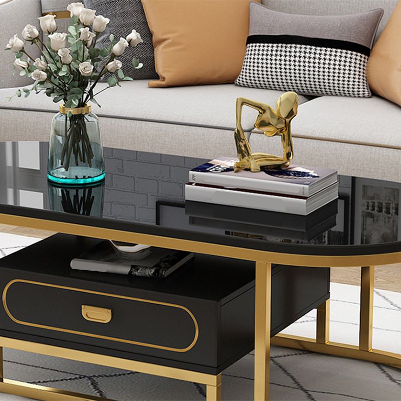 Oval Tempered Glass Frame Base Design Modern Style Coffee Table with Drawers