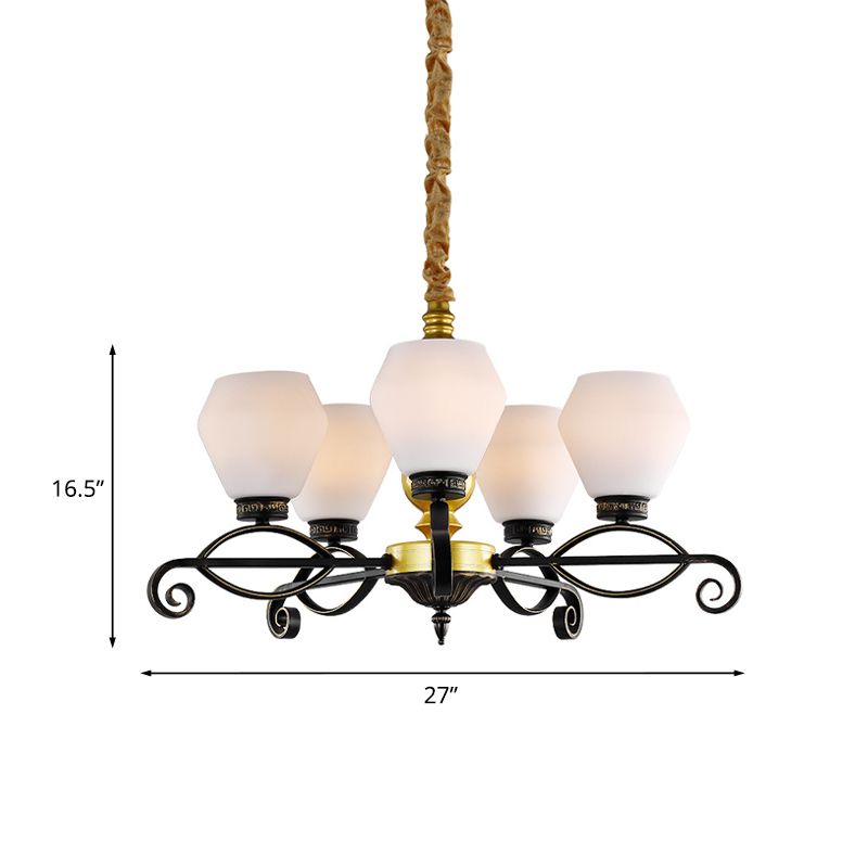 Lampone di vetro opale di 5 teste Light Antique Black Exagon soggiorno lampada sospesa