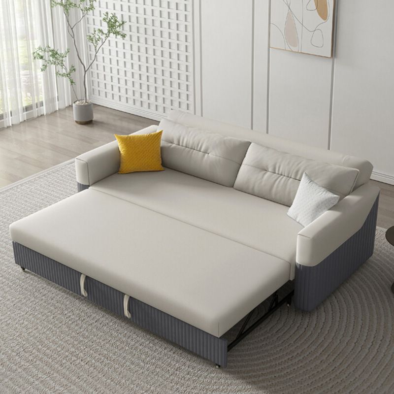 Grey and White Convertible Leather Sofa Square Arm Sofa Bed with Wooden Frame