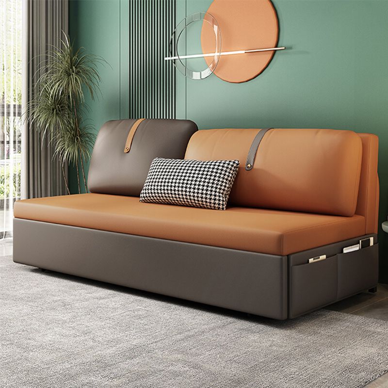 Contemporary Armless Bonded Leather Sofa Bed in Brown with Storage