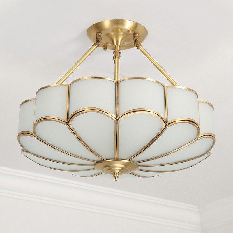Cream Glass Flower Suspension Light Minimalist Bedroom Chandelier Pendant in Brass