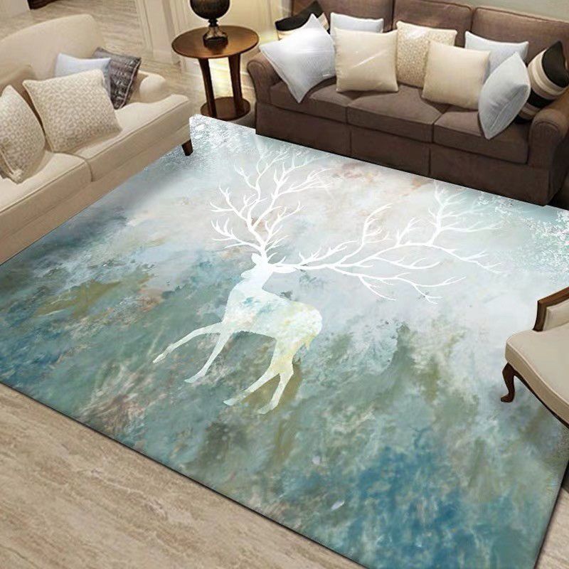 Blue Tone Modern Indoor Rug Polyester Plant Print Carpet Easy Care Rug for Home Decoration