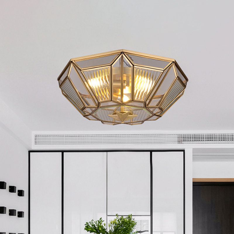 3 Lights Ceiling Flush Mount Colonial Bedroom Flush Light with Geometric Clear Glass Shade in Gold