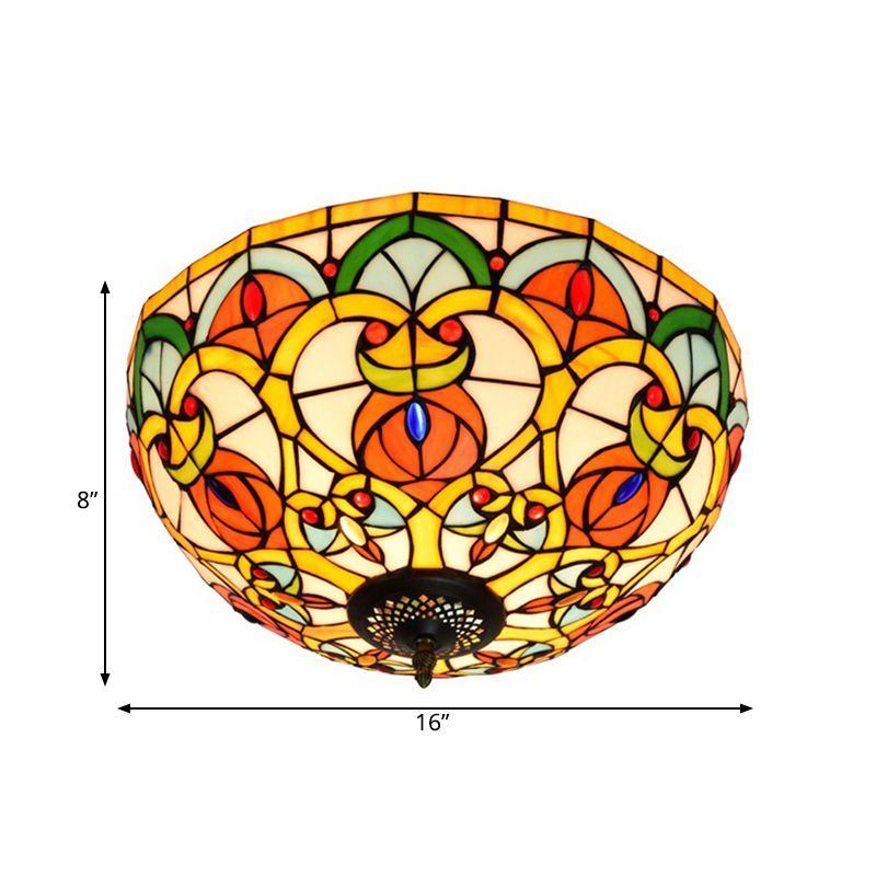 3 Lichten Dome Plafondlamp Barok Brons Gebrandschilderd Glas Flush Mount Verlichting voor Keuken