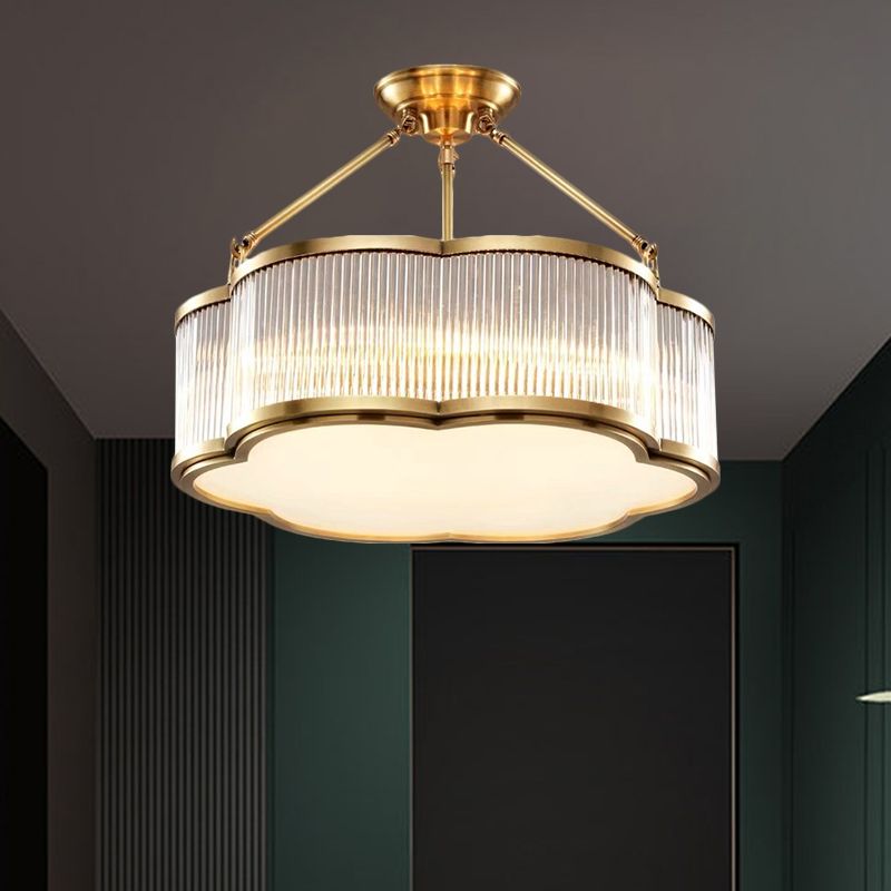 Crystal Floral Drum Semi Flush Lightsides contemporáneos de 19.5 "/23.5" de ancho 5/6 cabezas lámpara de techo de cama en oro