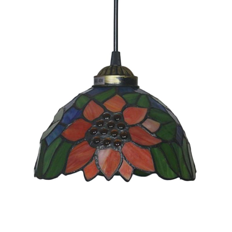 Blossom Pendant Light Fixture Tiffany Style Red/Pink/Green Cut Glass 1 Light Bronze Down Lighting for Dining Room