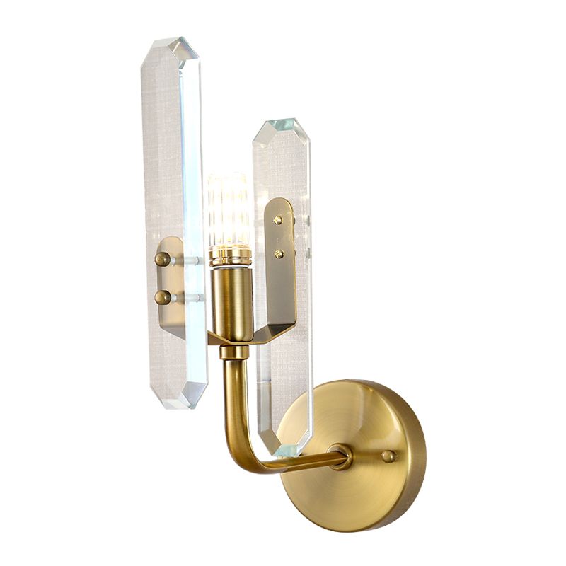LED Living Room Sconce Light with Block Crystal Shade Postmodern Brass Wall Mounted Lamp