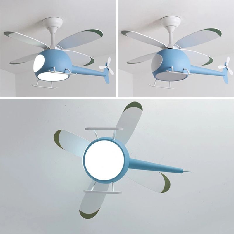 Wooden LED Fan Pendant in Kids Creative Style Iron Airplane Hanging Lamp with Acrylic Shade