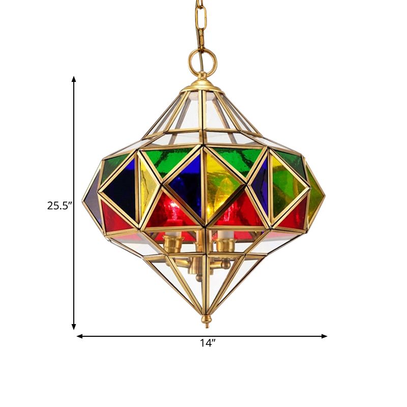 Antique Prism Pendant Chandelier 3-Head Colorful Glass Hanging Ceiling Light in Brass
