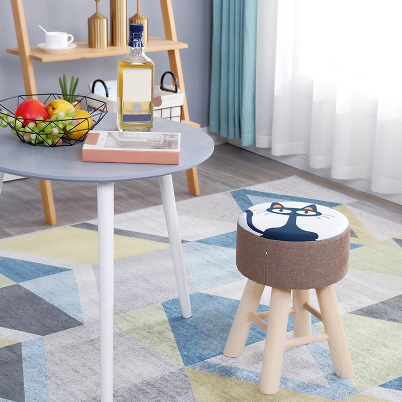 Wool Frame Pouf Stool Contrast Color Round Upholstered Fade Resistant Linen Blend Pouf