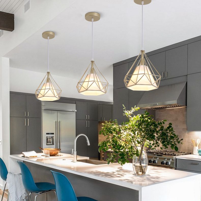 Diamond Pendant Lighting Modern Metal Diner Ceiling Hang Light with Conical Fabric Shade