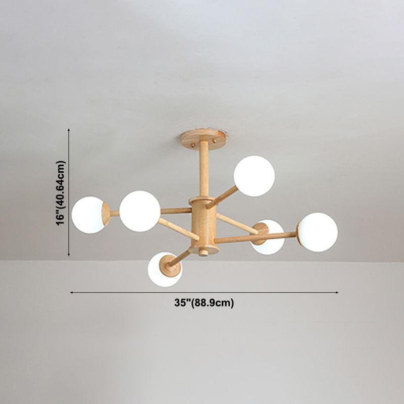 Multi Light Wood Chandelier Modern Globe Chandelier Lamp with White Glass for Living Room