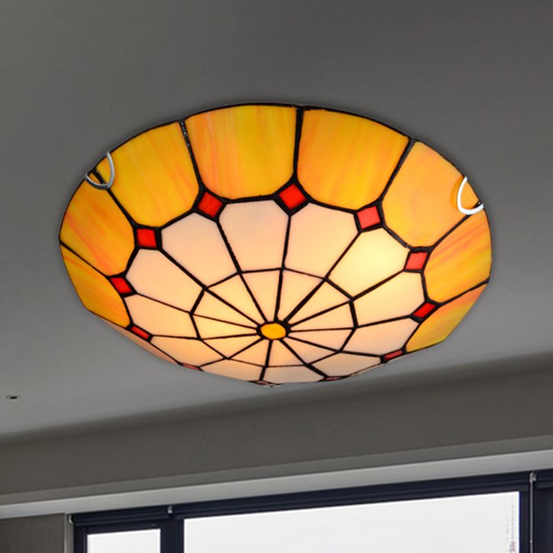 12"/16" Wide Art Glass Grid Bowl Ceiling Mount Light Tiffany Antique Ceiling Lamp in Blue/Orange/Yellow for Bedroom