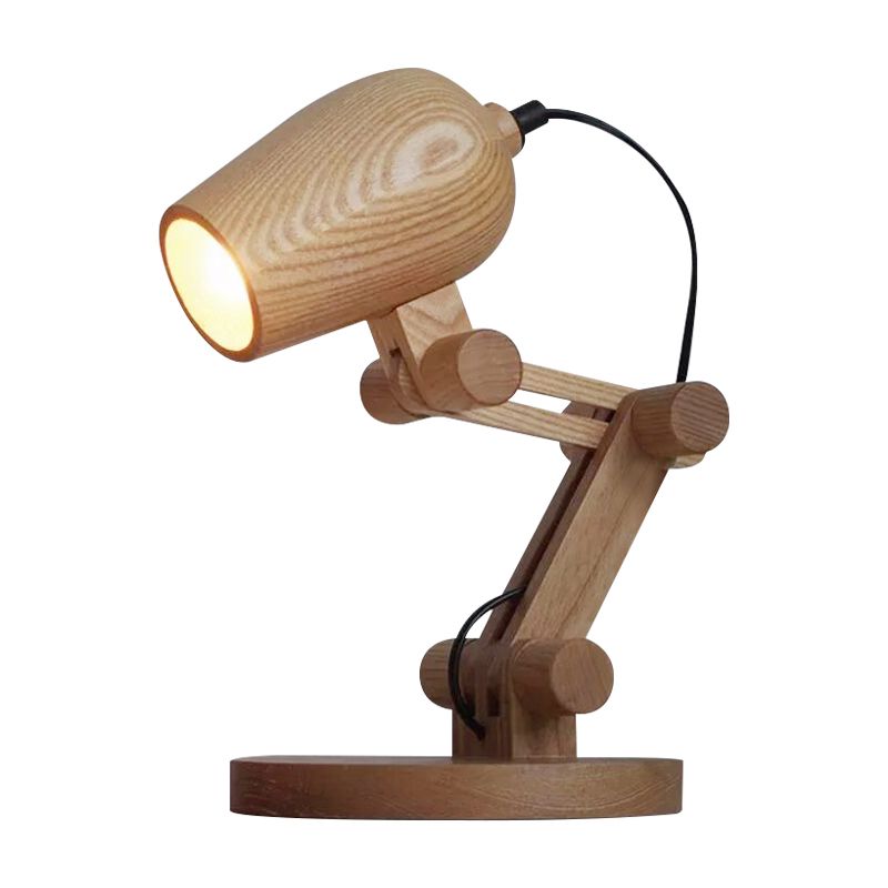 Luce da tavolo robot Nordic Wood Kids Cowned Luce LED LED con braccio azionario in marrone
