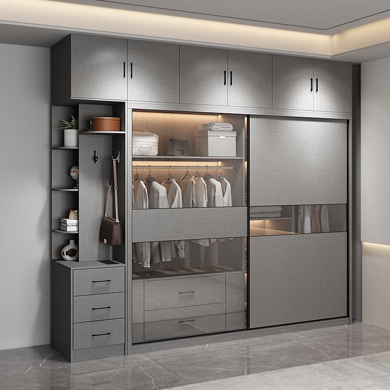 Modern Style Glass Wardrobe Gray Colour Soft Close Drawer Wardrobe Closet