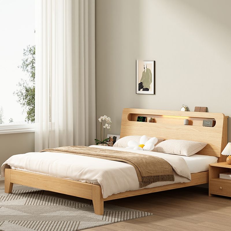 Natural Solid Wood Panel Bed with Headboard Standard Bed with Shelves