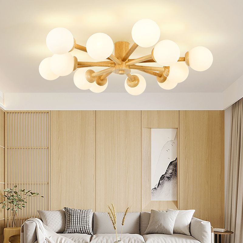 Brown Modern Ceiling Light Ball Shape Wood Flush Mount with Glass Shade for Bedroom