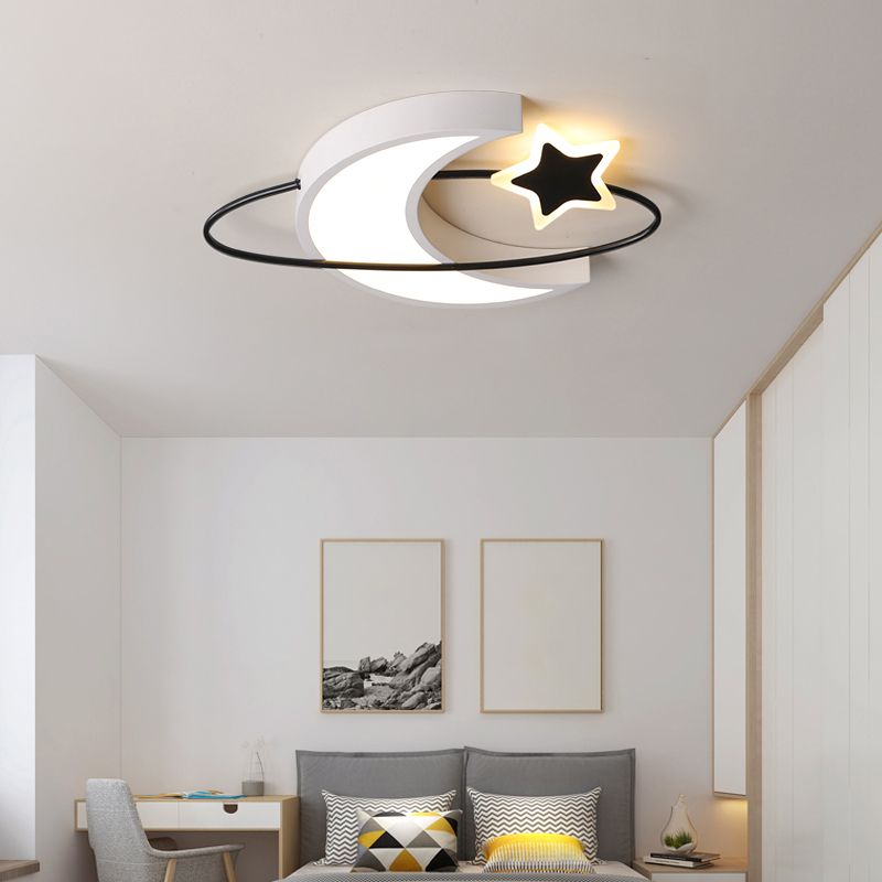 Minimalist Moon and Star Ceiling Light Acrylic Bedroom LED Flush Mount Lamp in Black-White