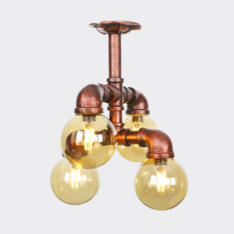 Farmhouse Global Semi Mount Lighting 4/5/6-Light Amber Glass LED Flush Lamp Fixture in Copper
