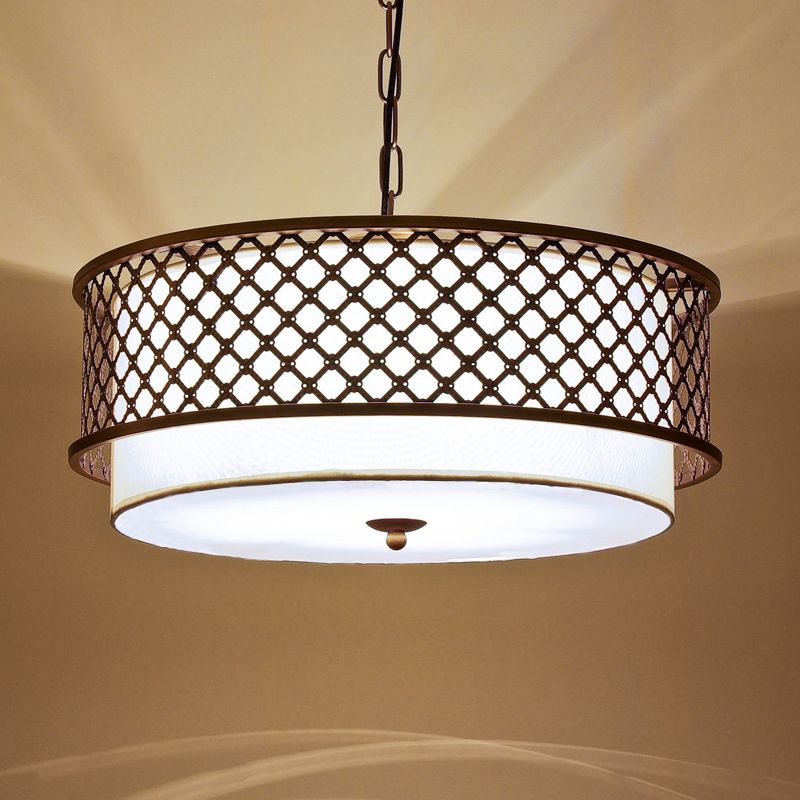 3 lampadine lampada lampadario soggiorno rustico kit di luce a sospensione metallica con tonalità in tessuto tamburo in ottone