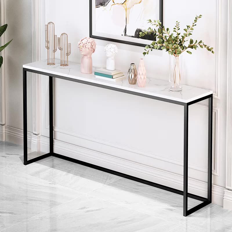 Scratch Resistant Marble Top Console Table with Black Steel Trestle Base