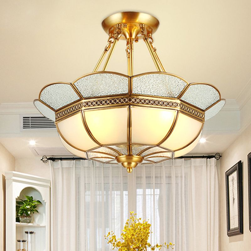 Traditional Scalloped Semi-Flush Light Fixture 4/6 Bulbs Metal Ceiling Mount in Brass for Bedroom, 18"/23.5" W