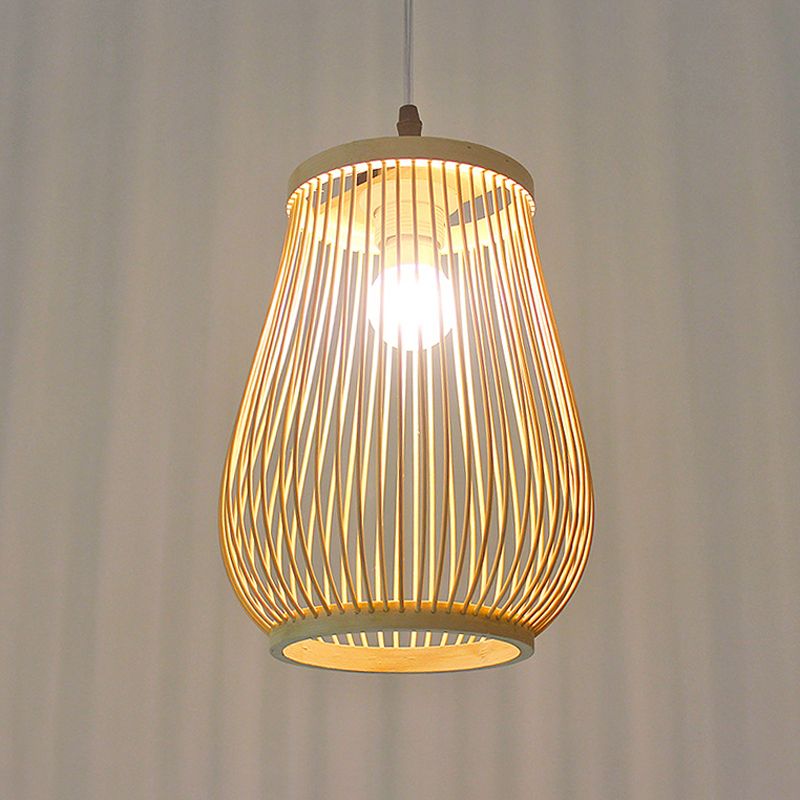 Funnel/Urn/Pear Ceiling Hang Light Asian Bamboo Single-Bulb Tearoom Hanging Pendant in Beige