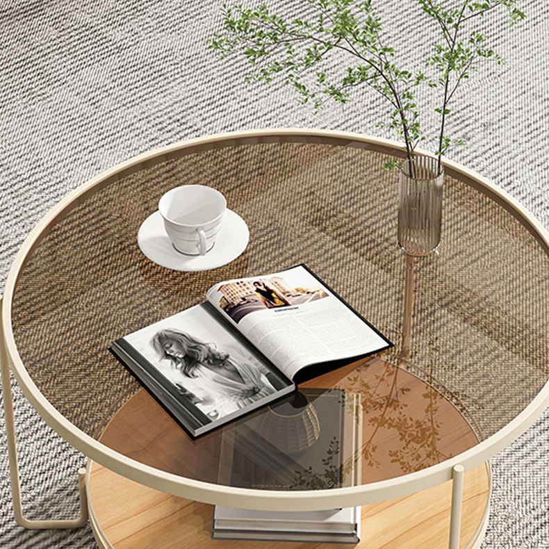 Round Glass Top Coffee Table 17.7" H Iron 3 Legs Cocktail Table with Shelf