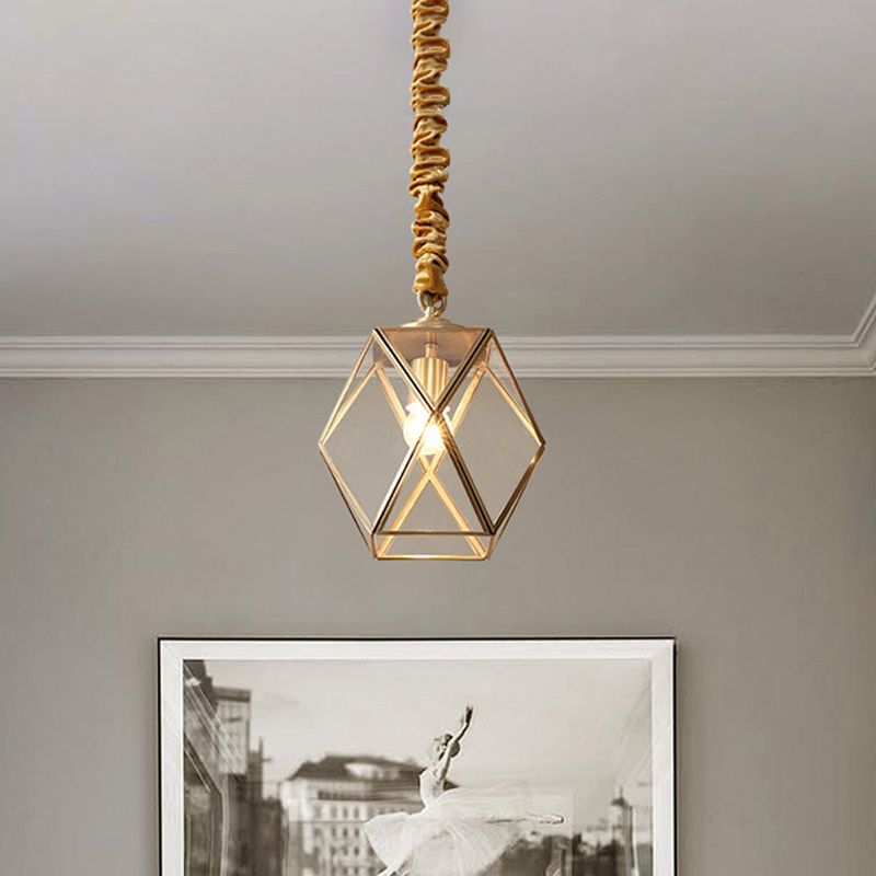 Prismatic/Faceted/Diamond Clear/Frosted Glass Hanging Pendant Vintage 1-Light Bedroom Ceiling Light in Brass