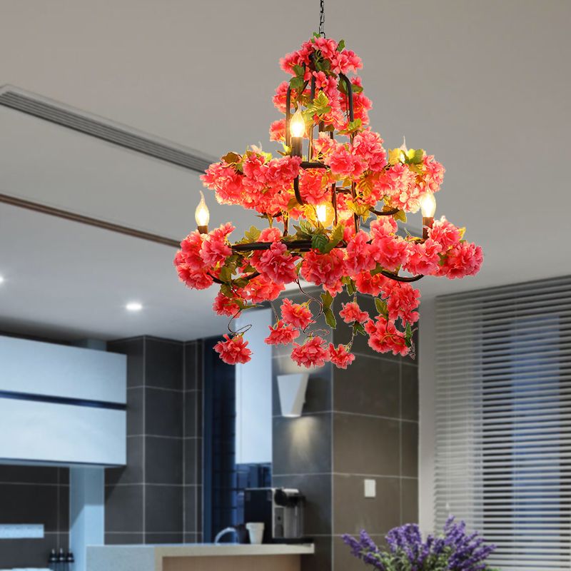 Cherry Blossom Restaurant Chandelier Lighting Vintage Metal 7 Lights Rose Red LED Suspension Lamp