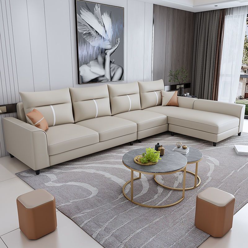 Modern Faux Leather Sectional with Chaise and Pillow Back for Living Room
