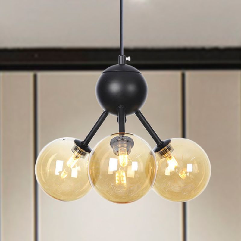 Amber Glass Globe Ceiling Chandelier Modernist 3 Heads LED Hanging Pendant Lamp in Black