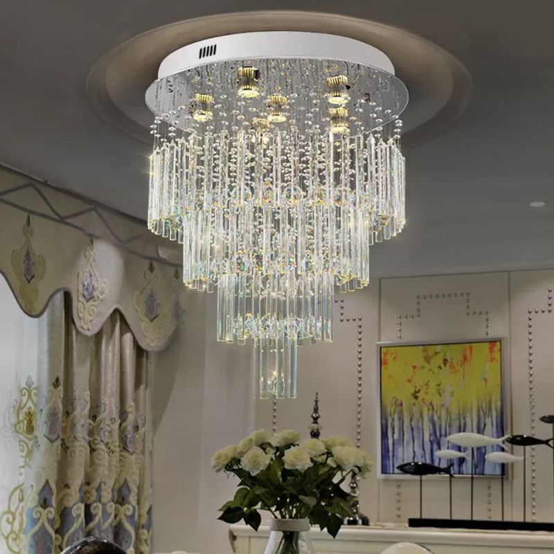 6-Bulb Tiered Flush Mount Lamp Modernism Stainless Steel Crystal Rod Ceiling Lighting for Restaurant