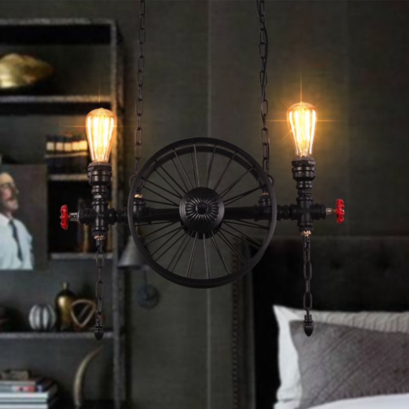 Wheel Piping Living Room Island Light Industrial Iron 2/3/4 Heads Black Hanging Light Fixture