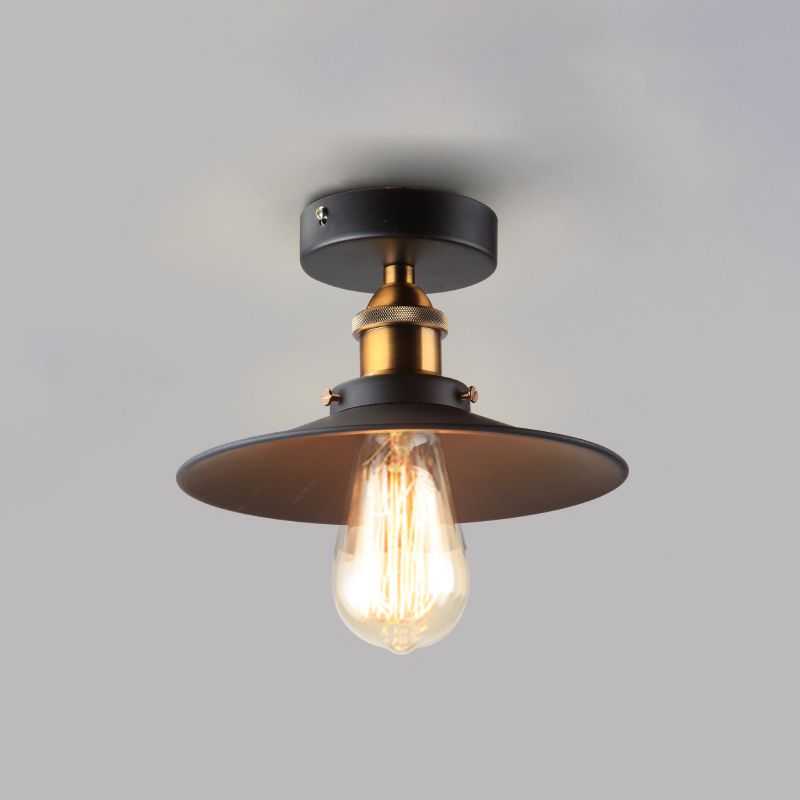 1 Light Round Shade Semi Flush Mount Light Industrial Iron Ceiling Lamp