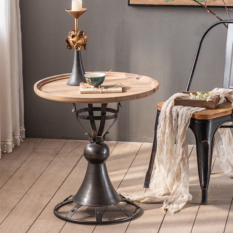 French Country Round Wood Top Side Table Iron Pedestal End Table