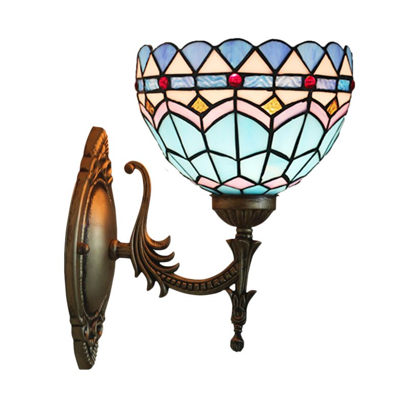 1-Light Bedroom Wall Sconce Mediterranean Bronze Wall Light Fixture with Bowl Blue Glass Shade
