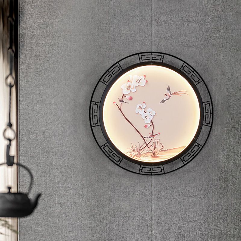 Pink Spring Blossom Sconce Mural Lamp Retro Fabric LED Wall Mounted Light Fixture for Guest Room