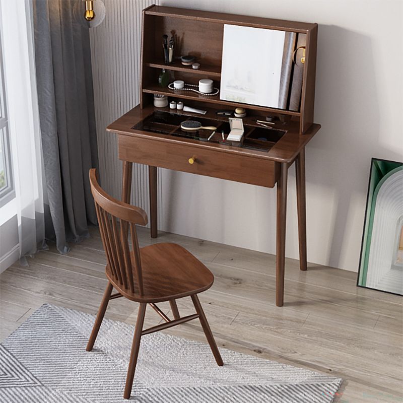 Mirrored Wood Makeup Dressing Table Stool Set in Natural/Walnut Finish