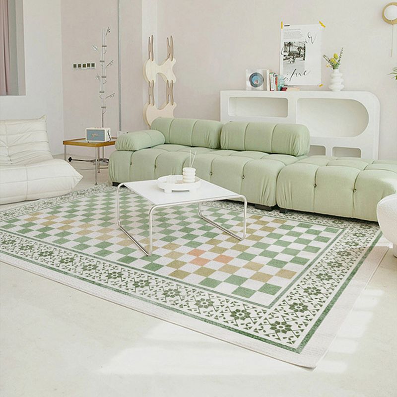 Green Nordic Rug Polyester Grid Pattern Rug Stain Resistant Rug for Home Decoration