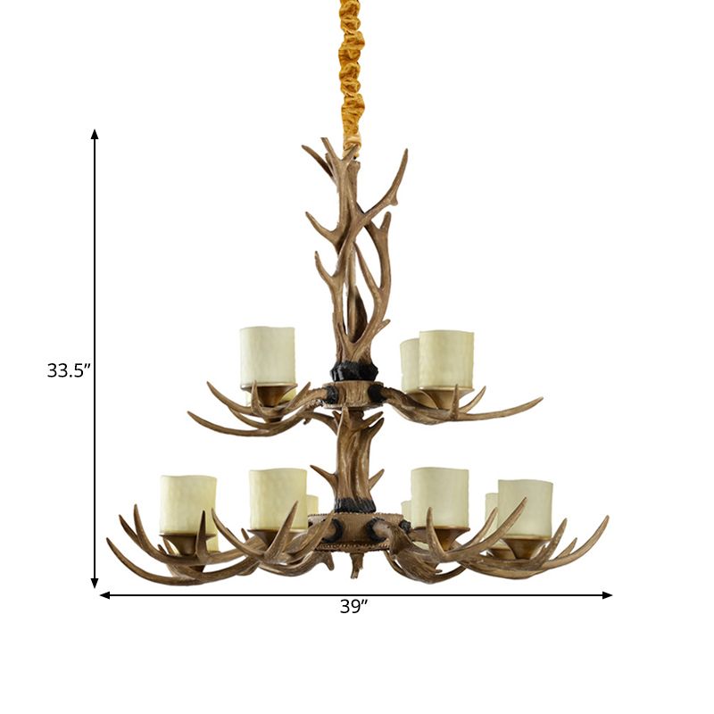 12 Heads Ceiling Chandelier Rustic 2-Tier Resin Hanging Pendant Light in Brown with Cylinder Frosted Glass Shade