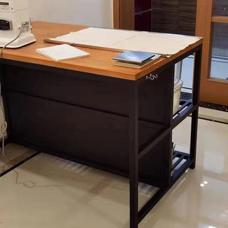 Metal and Solid Wood Kitchen Island Table with Open Storage for Dining Room