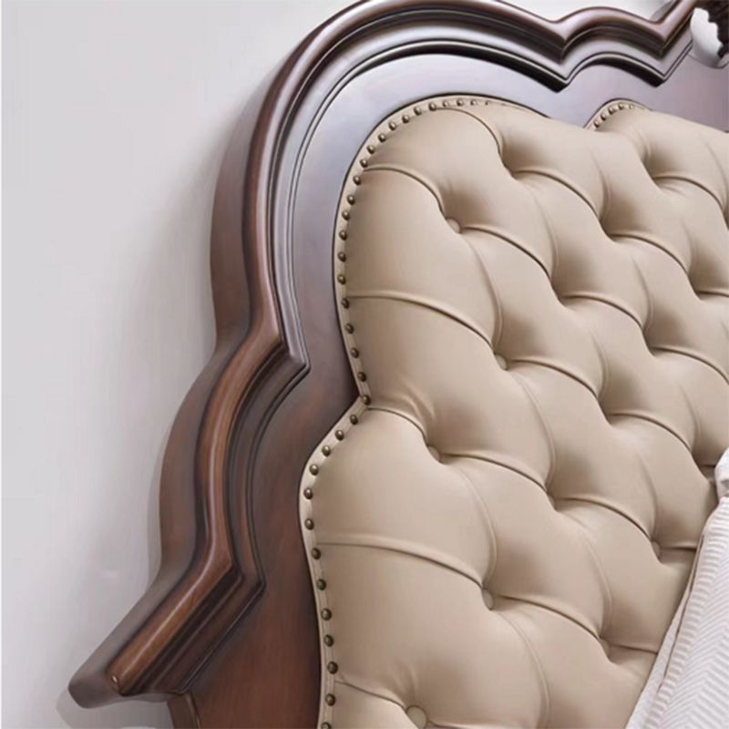 Brown Wood King Bed Tufted Nailhead Upholstered Bed Frame with Headboard