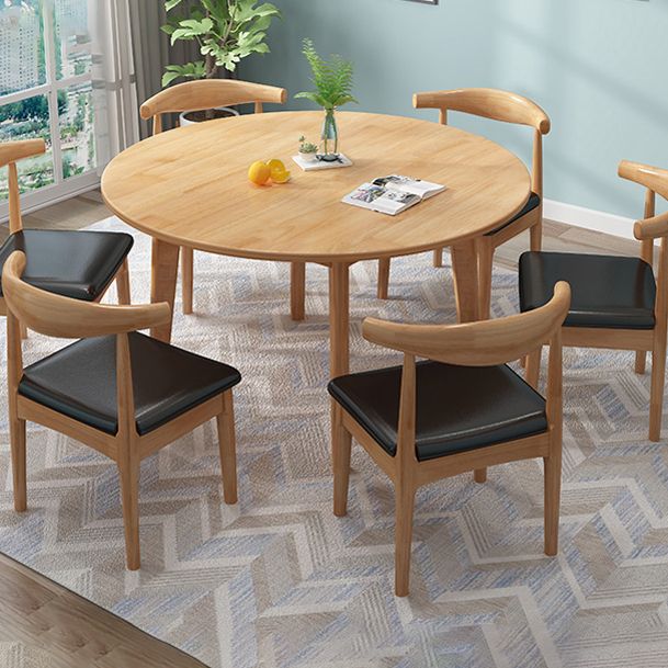 Round 4 Legs Minimalist Table Wood Color Fixed Table with Rubberwood Solid Wood