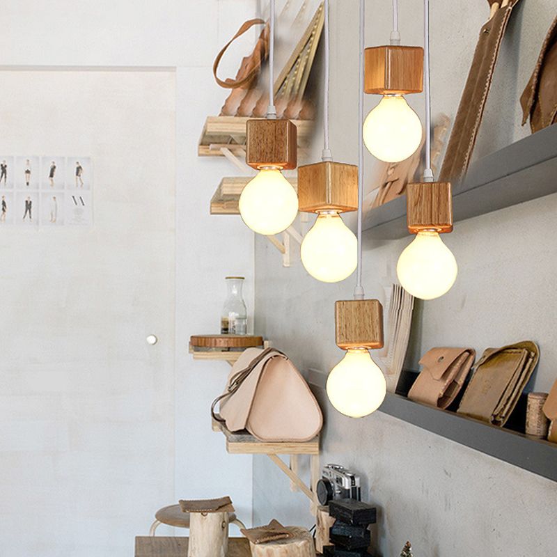 Minimalist Square Hanging Pendant Light Wooden Restaurant Suspension Pendant in Wood