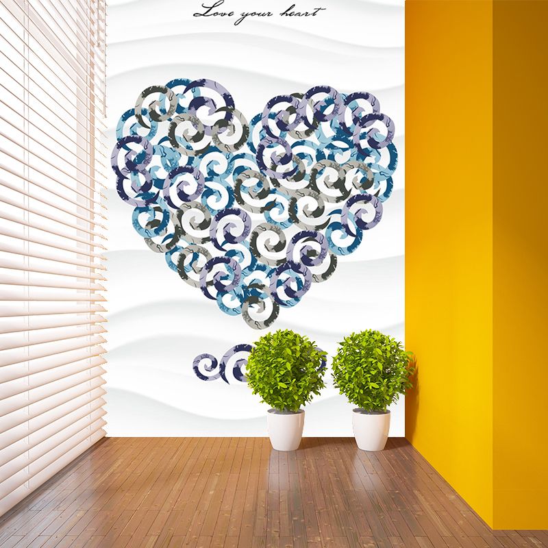 Modernist Loving Heart Drawing Mural for Girls Room Custom Size Wall Art in Purple-Blue