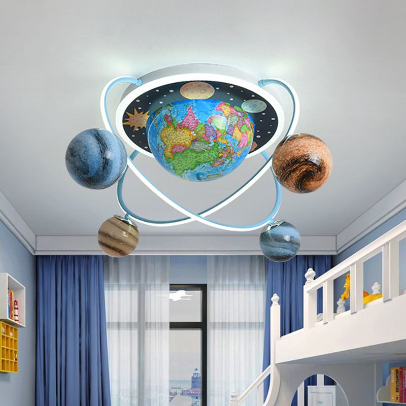 Kids Planet Orbit Flushmount Blue Stained Glass 4 Heads Children Bedroom Ceiling Mount Light