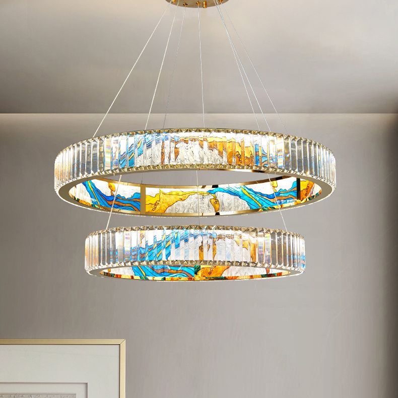 K9 Crystal Ring Shaped Chandelier Novelty Modern Gold LED Pendant Lamp with Abstract Print