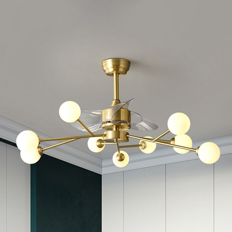Baumzweig 3-Blade-Anhänger-Lüfterleuchten minimalistischer Ballglas Esszimmer Remote Semi-Flush-Licht in Messing, 36,5 "W.