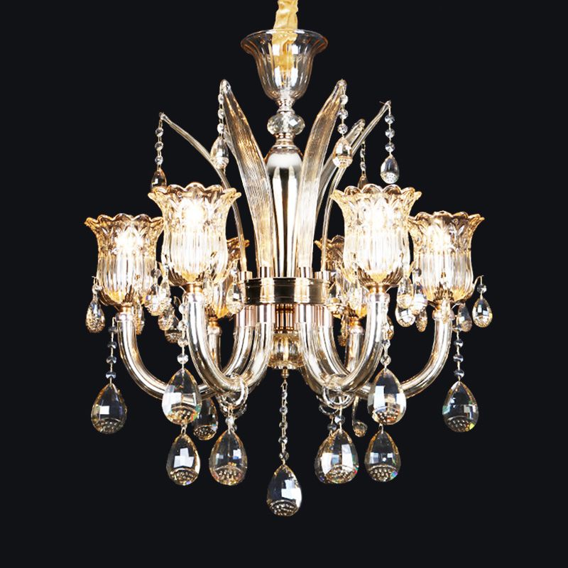 Bell Living Room Chandelier Lamp Traditional Crystal Drop 6/8 Lights Chrome Hanging Ceiling Light